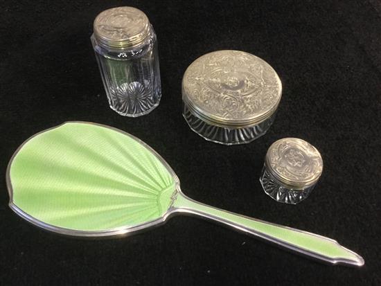 3 glass silver top dressing table pots and a silver hand mirror